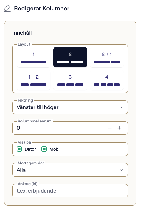 Kolumnblockets inställningar