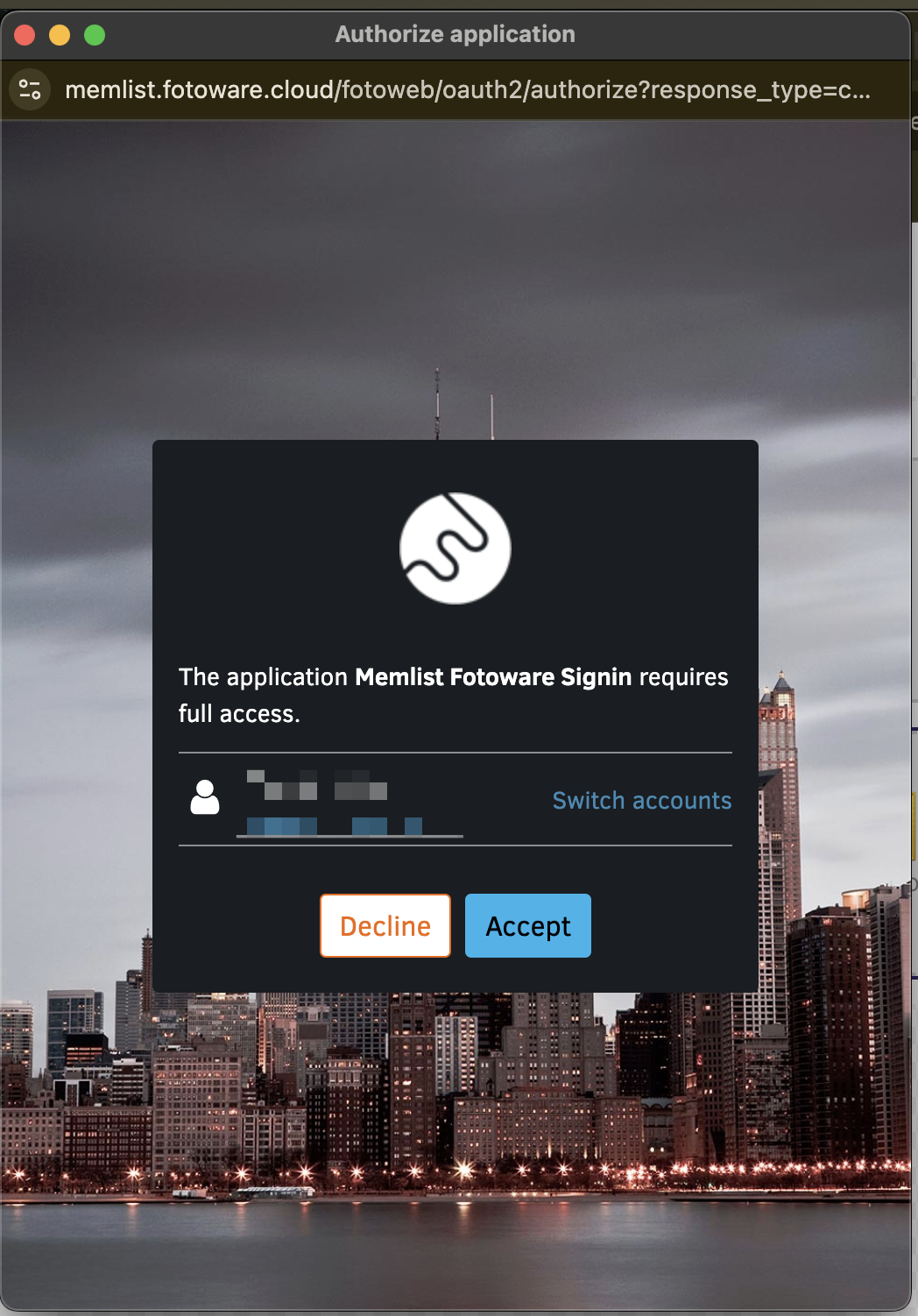 Fotoware's authorize application window