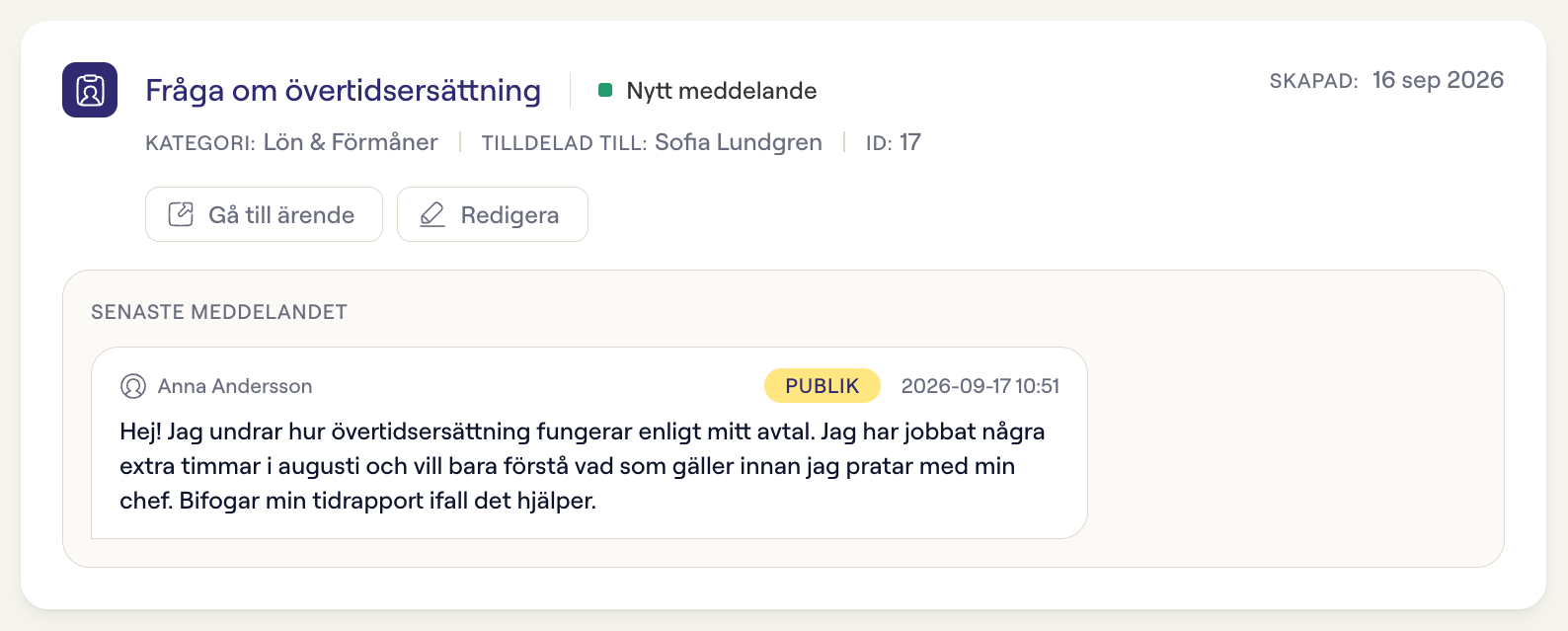 Kortet för det senaste ärendet